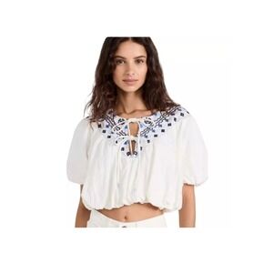Free People Joni Size Large Embroidered Puff Sleeve Top Boho Peasant
